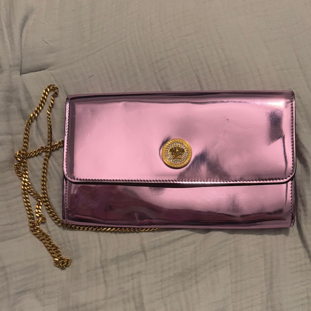 Versace Pink Metallic Clutch with Gold Chain